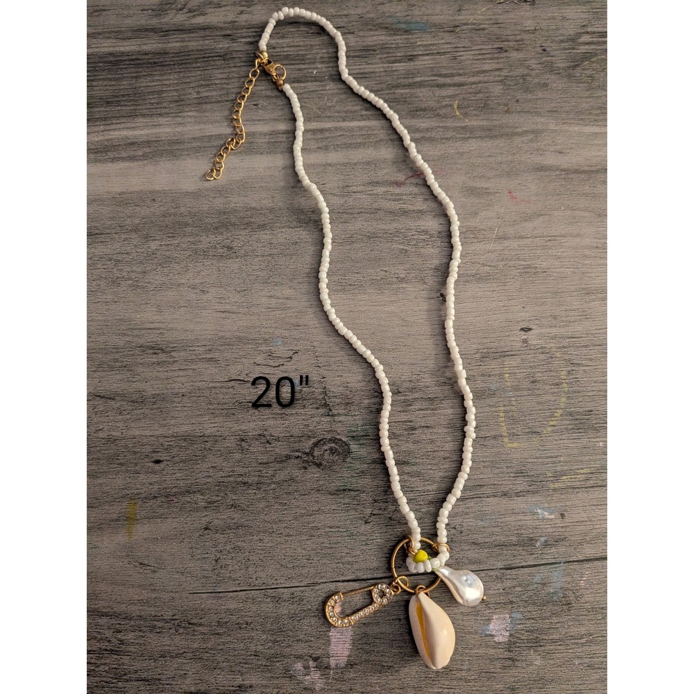 Boho White Seed Bead Charm Necklace Cowrie Shell Faux Pearl Safety Pin 20 Inch